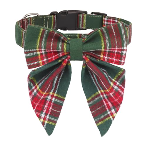 ADOGGYGO Weihnachts-Hundehalsband mit Schleife, kariert, mit Fliege, verstellbar, grün, für kleine, mittelgroße und große Hunde (Größe M) von ADOGGYGO