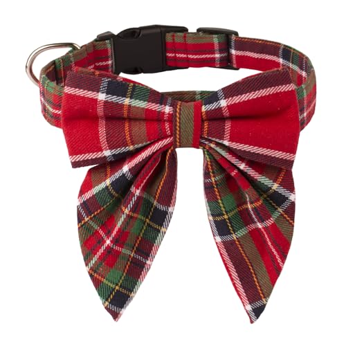 ADOGGYGO Weihnachts-Hundehalsband mit Schleife, verstellbar, Baumwolle, Rot/Grün, kariert, mit Fliege, für kleine, mittelgroße und große Hunde, Haustiere (Größe M, Xmas) von ADOGGYGO