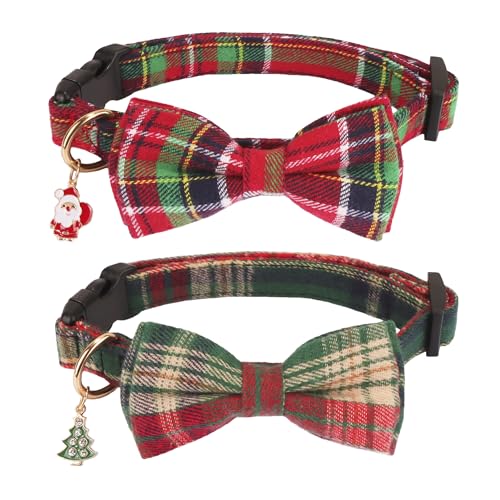ADOGGYGO Weihnachts-Hundehalsband mit Schleife, verstellbar, kariert, Weihnachts-Hundehalsband, Rot-Grün, kariert, für kleine, mittelgroße und große Hunde (klein, Weihnachten) von ADOGGYGO