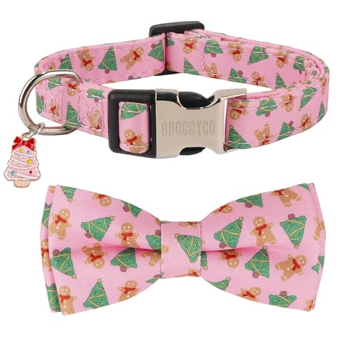 ADOGGYGO Weihnachts-Hundehalsband mit abnehmbarer Fliege, verstellbares rosa Haustier-Weihnachtshalsband für kleine, mittelgroße und große Hunde (Größe M) von ADOGGYGO