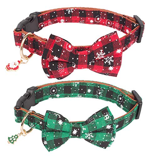 ADOGGYGO Weihnachtshalsband mit Fliege, verstellbares Hundehalsband mit Fliege, Rot / Grün, kariert, für kleine, mittelgroße und große Hunde, Haustiere (XL, Weihnachtsschleife) von ADOGGYGO