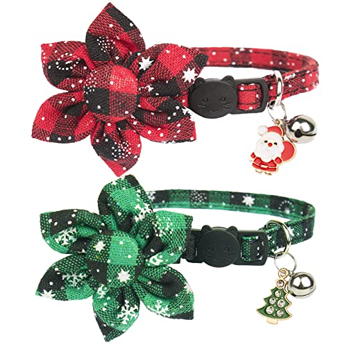 ADOGGYGO Weihnachtskatzenhalsbänder mit Blumenglocke, 2 Stück Breakaway Katzenhalsband mit abnehmbaren Blumen, rot grün karierte Blumenhalsbänder für Katzen (Schneeflocke Plaid) von ADOGGYGO