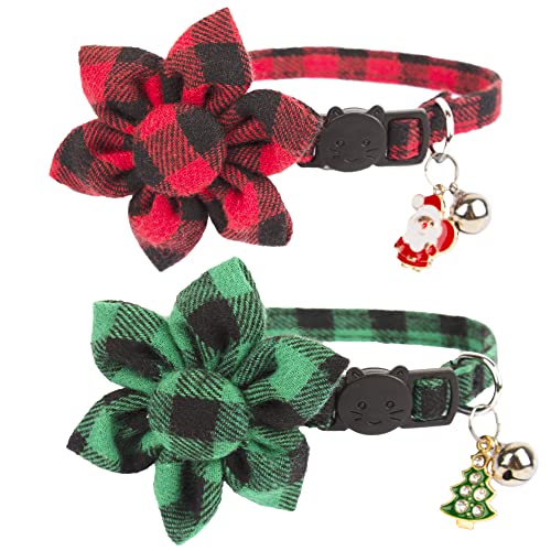 ADOGGYGO Weihnachtskatzenhalsbänder mit Blumenglocke, 2 Stück Breakaway Katzenhalsband mit abnehmbaren Blumen, rot grün karierte Blumenhalsbänder für Katzen (kariert) von ADOGGYGO