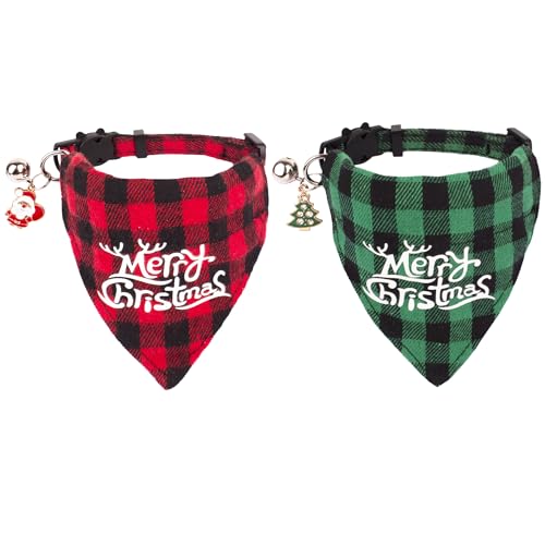 ADOGGYGO Weihnachtskatzenhalsbänder mit Glocke, 2 Stück, verstellbares Katzen-Banda-Halsband mit Frohe Weihnachtsmuster, rot grün kariert, Haustier-Weihnachtshalsbänder für Katzen, Kätzchen von ADOGGYGO