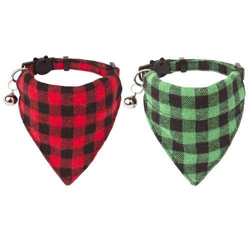 ADOGGYGO Weihnachtskatzenhalsbänder mit Glöckchen, 2 Stück, rot-grün-kariertes Katzen-Halstuch-Halsband für Kätzchen, Katzen (rot & grün) von ADOGGYGO