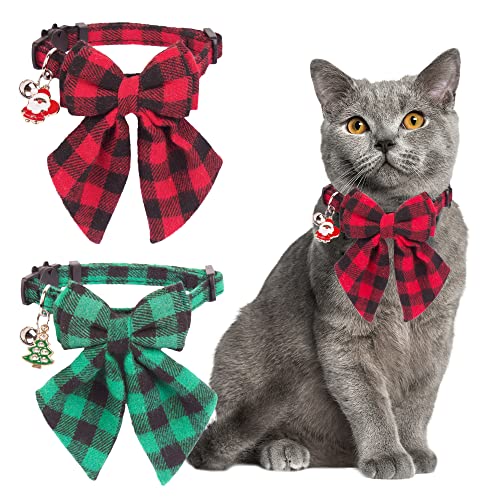 ADOGGYGO Weihnachtskatzenhalsbänder mit stilvoller Fliege, 2 Stück, rot grün kariert, Weihnachten Kätzchenhalsband mit Glocke, abnehmbare Schleife, Katzen-Weihnachtshalsband für Katzen, Kätzchen (rot von ADOGGYGO