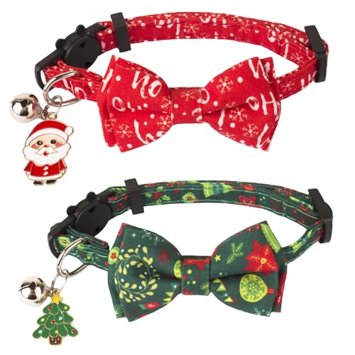 ADOGGYGO Weihnachtskatzenhalsband, Breakaway mit Schleife, Glöckchen, 2 Stück, Rot / Grün, Weihnachts-Katzenhalsbänder mit abnehmbarer Schleife, Haustier-Weihnachtshalsbänder für Katzen, Kätzchen von ADOGGYGO