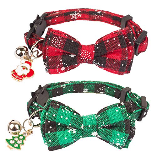 ADOGGYGO Weihnachtskatzenhalsband, Breakaway mit niedlicher Fliege – 2 Stück Kätzchenhalsband, rot, grün, kariert, Halsband für Kätzchen, Katzen (Rot und Grün-1) von ADOGGYGO