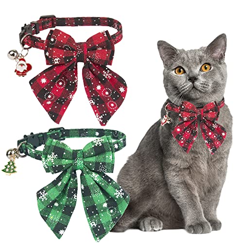 ADOGGYGO Weihnachtskatzenhalsband, mit stilvoller Schleife, 2 Stück, rot grün kariert mit Schneeflocke, Weihnachts-Kätzchen-Halsband mit Glocke, abnehmbare Fliege, Katzen-Weihnachtshalsband für Katzen von ADOGGYGO