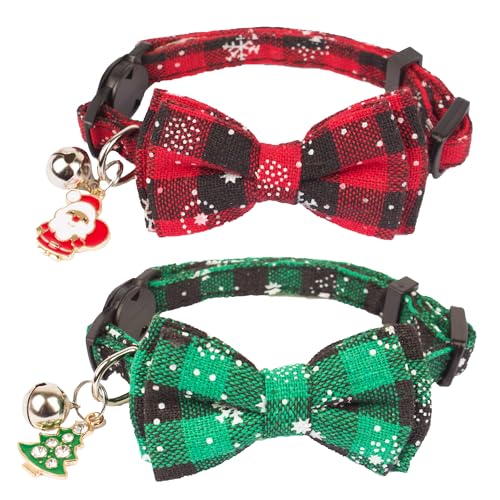 ADOGGYGO Weihnachtskatzenhalsband mit niedlicher Fliege und Glöckchen, 2 Stück, Rot / Grün, kariert, mit abnehmbarer Fliege, Katzenschleife, Halsband für Katzen, Kätzchen (16,5 cm - 21,6 cm, Rot und von ADOGGYGO