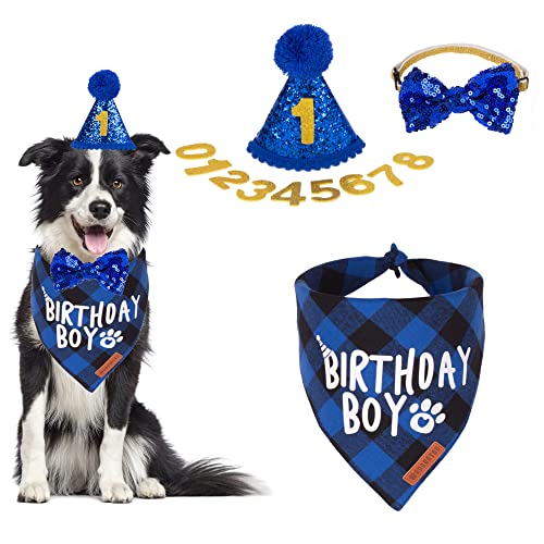 Adoggygo Hund Geburtstag Party Supplies, Muiti Size Offered, Birthday Boy Dog Bandana, Hund Geburtstag Hut mit Zahlen für Mittelgroße Hunde Haustiere (Large, Blau) von ADOGGYGO