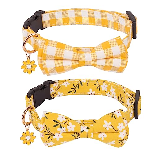 Adoggygo Weiche Hundehalsbänder mit Fliege, verstellbar, gelb kariert, Blumenmuster, für kleine, mittelgroße und große Hunde, Haustiere (groß, gelb) von ADOGGYGO