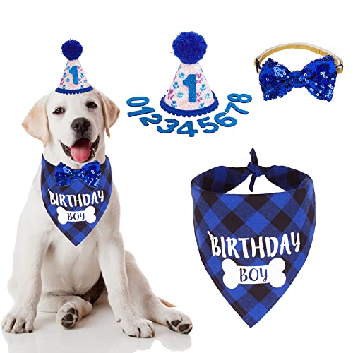 Hund Geburtstag Party Supplies, Hund Geburtstag Hut mit Zahlen, Plaid Boy Dog Puppy Birthday Bandana und Blingbling Bow Set von ADOGGYGO