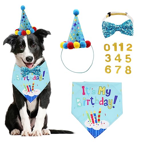 Hunde-Geburtstags-Halstuch/Halstuch für Hunde, Mädchen, Jungen, mit niedlicher Fliege, Halsband für kleine und mittelgroße Hunde (blauer Hut und Schal und Fliege) von ADOGGYGO