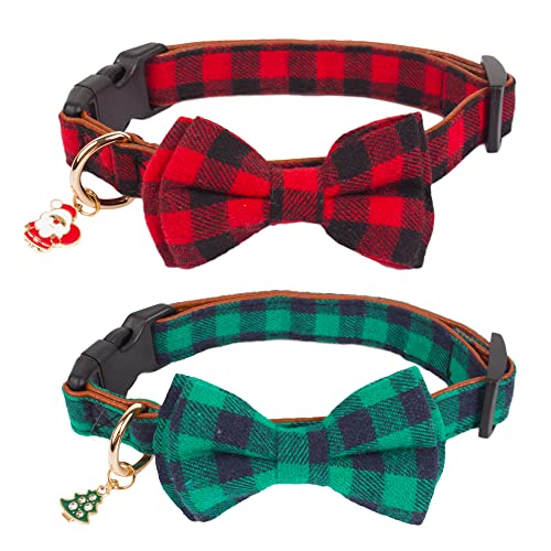 Weihnachts-Hundehalsband mit Schleife, verstellbare Hundehalsbänder mit abnehmbarer Fliege, klassisches Karomuster, Rot/Grün, mittelgroße und große Hunde (rotes und grünes Plaid, groß) von ADOGGYGO