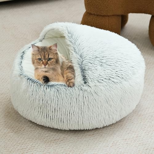 Beruhigendes Katzenbett, Donut-Kuschelhöhle, rutschfestes Katzennest, Haustierschlafsack für Innen, Kätzchen, Welpen, Plüsch-Kätzchen-Zeltkissen, Anti-Angst-Welpen-Kissen (50 x 50 x 20 cm, Grau) von ADUODAO