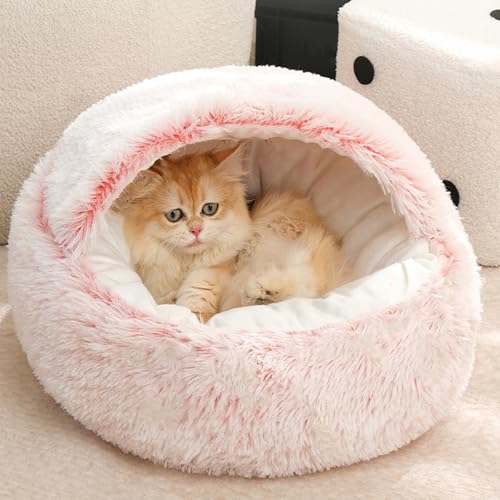 Beruhigendes Katzenbett, Donut-Kuschelhöhle, rutschfestes Katzennest, Haustierschlafsack für Innen, Kätzchen, Welpen, Plüsch-Kätzchen-Zeltkissen, Anti-Angst-Welpen-Kissen (65 x 65 x 20 cm, Rosa) von ADUODAO