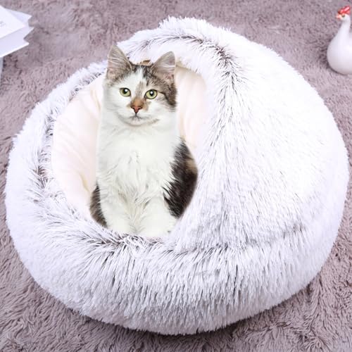 Beruhigendes Katzenbett für den Innenbereich, Donut-Kuschel-Katzenhöhle, Sofa mit großer Kapuze, waschbares Kätzchen-Zeltkissen, rutschfestes Plüsch-Haustiernest für Kätzchen, Welpen, kleine Hunde von ADUODAO