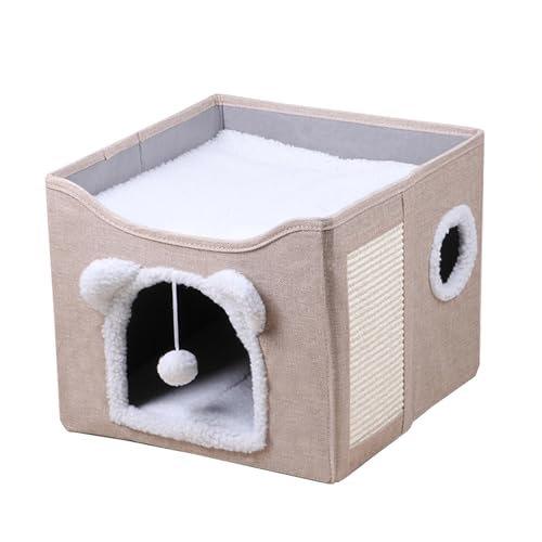 Faltbares Katzenhaus Weiches Höhlenbett mit Kratzbrett & Flauschigem Ball, Haustier-Condo Versteck mit Doppelseitigem Weichkissen, Katzenzelt für Multi Kleine Haustiere (Beige) von ADUODAO