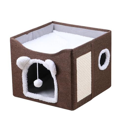 Faltbares Katzenhaus Weiches Höhlenbett mit Kratzbrett & Flauschigem Ball, Haustier-Condo Versteck mit doppelseitigem weichem Kissen, Katzenzelt für mehrere kleine Haustiere (Braun) von ADUODAO