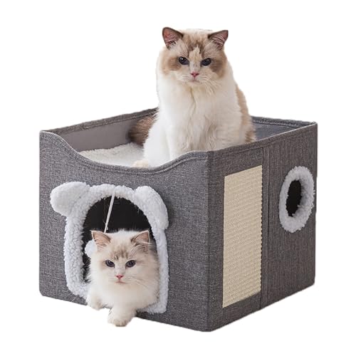 Faltbares Katzenhaus Weiches Höhlenbett mit Kratzbrett & Flauschigem Ball, Haustier-Condo Versteck mit doppelseitigem weichem Kissen, Katzenzelt für mehrere kleine Haustiere (Grau) von ADUODAO