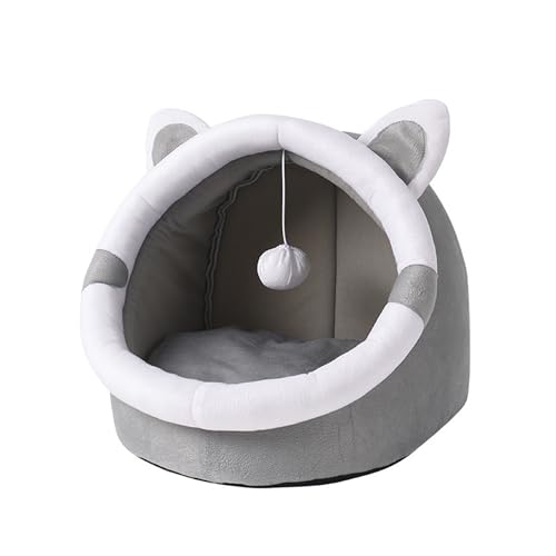 Halbgeschlossenes Katzennest, abnehmbares, waschbares Kissen, Katzenbett für den Innenbereich mit flauschigem Ball, bequeme Schlafhöhle für Welpen, Kätzchen (S: 31 x 27 x 27 cm) von ADUODAO