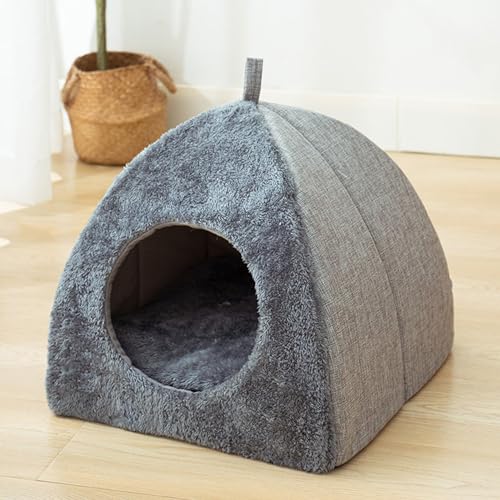 Indoor 2-in-1 Dreieckige Haustierhöhle, halbgeschlossenes Zelt, faltbares Katzenhöhlenbett, kleines Hundebett mit rutschfester Unterseite, Haustierhaus mit abnehmbarem Kissen (40 x 40 x 41 cm) von ADUODAO