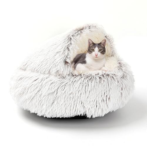 Katzen- und Kätzchenbetthaus, rundes Katzen-Nistbett mit Kapuze, Haustierzelt, Höhle für Kätzchen und Welpen, kleine Hunde, winddicht, selbstwärmendes Haustierbett (Durchmesser: 65 cm, Kaffee) von ADUODAO