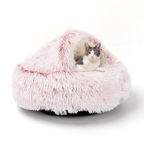 Katzen- und Kätzchenbetthaus, rundes Katzen-Nistbett mit Kapuze, Haustierzelt-Höhle für Kätzchen und Welpen, kleine Hunde, winddicht, selbstwärmendes Haustierbett (Durchmesser: 50 cm, Rosa) von ADUODAO