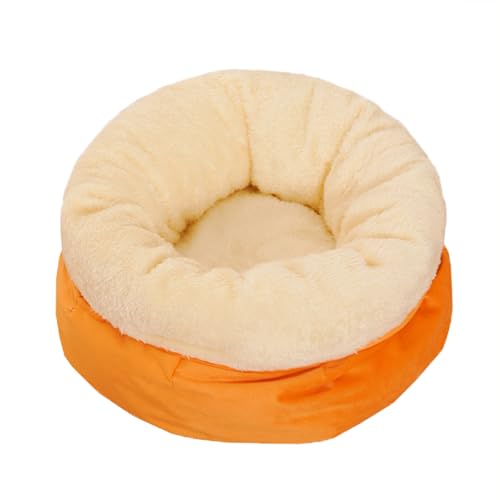 Katzenbett für Haustiere im Innenbereich, rutschfest, waschbar, beruhigendes Kätzchen-Sofa, warm, bequem, Haustierbett, Höhle für Kaninchen/Welpen/Kätzchen (rund: 60 x 60 x 28 cm, Orange) von ADUODAO