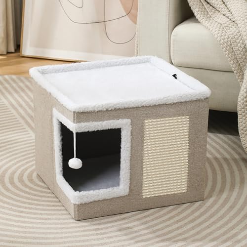 Katzenhaus für Haustiere im Innenbereich mit Kratzbrett und flauschigem Ball, faltbares Katzenbett, Höhle, Versteck für mehrere Kätzchen, Haustierzelt, pelzige, weiche Kissen (Beige) von ADUODAO