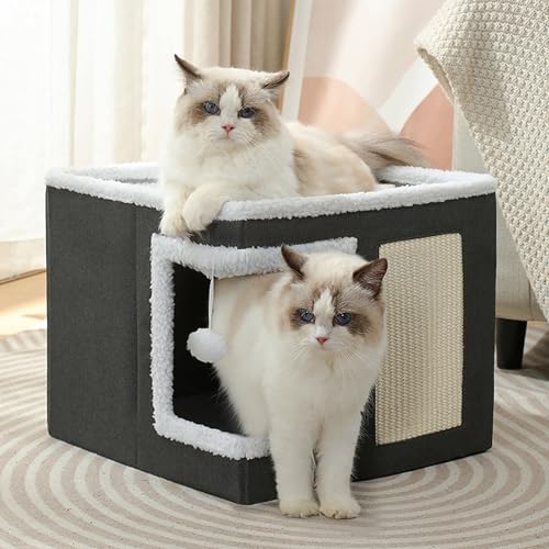 Katzenhaus für Haustiere im Innenbereich mit Kratzbrett und flauschigem Ball, faltbares Katzenbett, Höhle, Versteck für mehrere Kätzchen, Haustierzelt, pelzige, weiche Kissen (grau) von ADUODAO