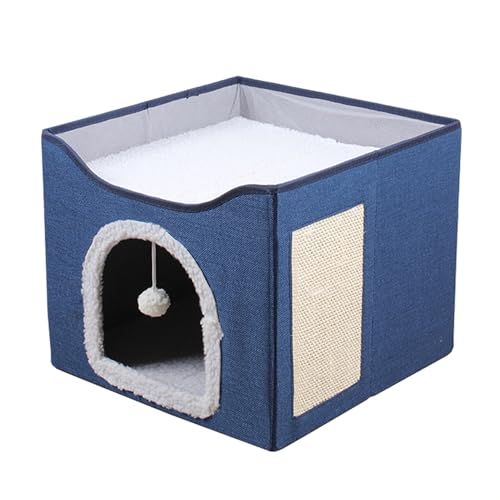 Katzenhaus für den Innenbereich, kleine, mittelgroße Haustiere mit abnehmbarem, waschbarem Kissen, faltbares Haustierbett, Höhle mit Kratzbrett, Katzenhütte Versteck für Kätzchen (Blau) von ADUODAO