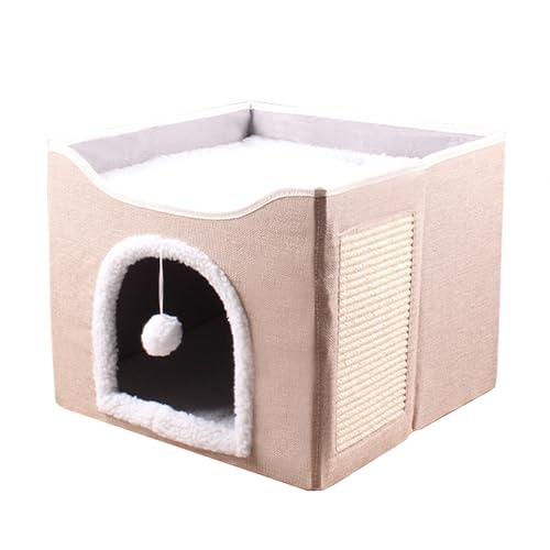 Katzenhaus für den Innenbereich, kleine, mittelgroße Haustiere mit abnehmbarem, waschbarem Kissen, faltbares Haustierbett, Höhle mit Kratzbrett, Katzenhütte Versteck für Kätzchen (Khaki) von ADUODAO