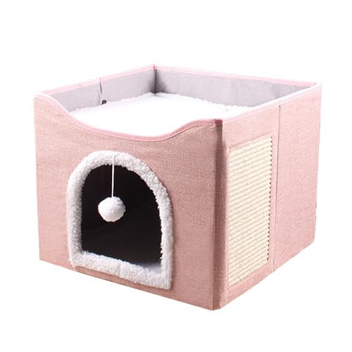 Katzenhaus für den Innenbereich, kleine, mittelgroße Haustiere mit abnehmbarem, waschbarem Kissen, faltbares Haustierbett, Höhle mit Kratzbrett, Katzenhütte Versteck für Kätzchen (Rosa) von ADUODAO