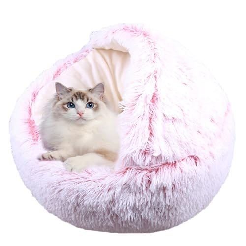 Plüsch-Donut-Katzen-Haus, rutschfestes, rundes Katzennest für Kätzchen, Welpen, Donut-Haustierzelt, Kissen mit Kapuze, Anti-Angst, Kätzchenbett, winddichtes Haustierhaus (60 x 60 x 20 cm, Rosa) von ADUODAO