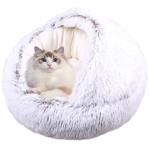 Plüsch-Donut-Katzen-Haus, rutschfestes, rundes Katzennest für Kätzchen, Welpen, Donut-Haustierzelt, Kissen mit Kapuze, Anti-Angst, Kätzchenbett, winddichtes Haustierhaus (65 x 65 x 20 cm, Kaffee) von ADUODAO
