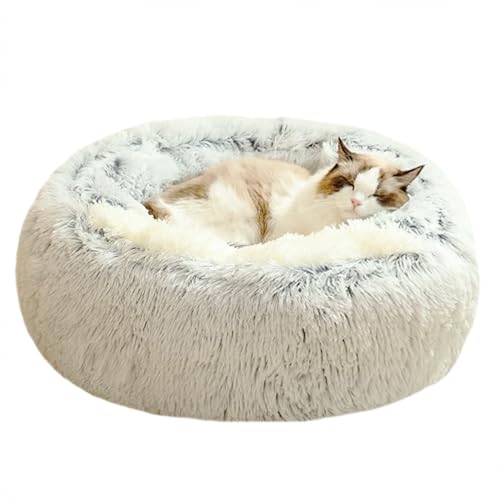 Plüsch-Katzenbett in Donut-Form, halbgeschlossenes Katzenbett mit Kapuze für Kätzchen, Welpen, Hunde, rutschfestes, selbstwärmendes Haustiernest, Kätzchen-Schlafsack (Durchmesser: 60 cm, Grau) von ADUODAO