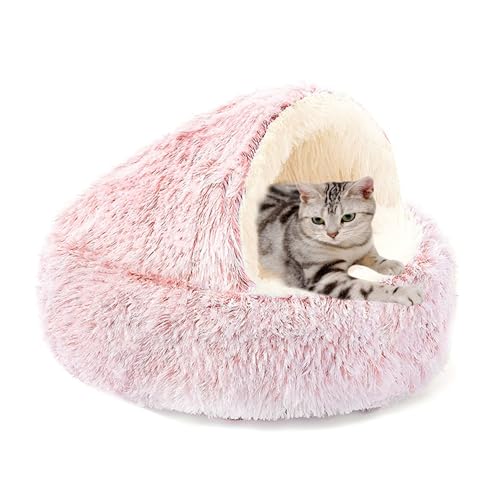Plüsch-Katzenbett in Donut-Form, halbgeschlossenes Katzenbett mit Kapuze für Kätzchen, Welpen, Hunde, rutschfestes, selbstwärmendes Haustiernest, Kätzchen-Schlafsack (Durchmesser: 60 cm, Rosa) von ADUODAO