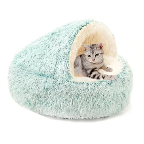 Plüsch-Katzenbett in Donut-Form, halbgeschlossenes Katzenbett mit Kapuze für Kätzchen, Welpen, Hunde, rutschfestes, selbstwärmendes Haustiernest, Kätzchen-Schlafsack (Durchmesser: 65 cm, Grün) von ADUODAO
