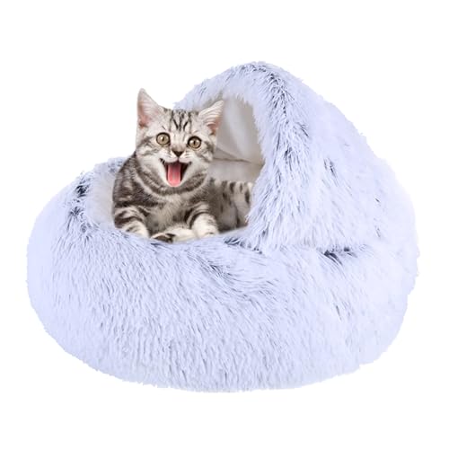Rundes Katzenbett, rutschfestes Nistbett, weiches Plüsch-Katzenkissen, rutschfestes Haustiernest, winddicht mit Kapuze, Haustierschlafsack, kleines Hundezelthaus (Durchmesser: 40 cm, Grau) von ADUODAO