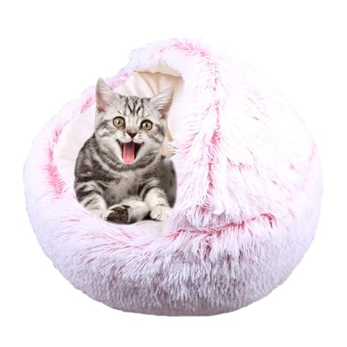 Rundes Katzenbett, rutschfestes Nistbett, weiches Plüsch-Katzenkissen, rutschfestes Haustiernest, winddicht mit Kapuze, Haustierschlafsack, kleines Hundezelthaus (Durchmesser: 65 cm, Rosa) von ADUODAO