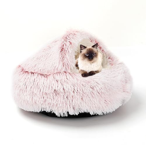 Rutschfestes Katzen-Bett, Donut-Kuschel-Haustierhaus für Kätzchen, Welpen, Hunde, halbgeschlossenes kleines Hundebett, warmes, rundes Kätzchen-Schlafsack, Plüsch-Haustiernest (Durchmesser: 60 cm, Rosa von ADUODAO