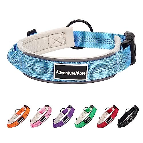 AdventureMore Hundehalsband für S, M, L, weiches Neopren, gepolstert, strapazierfähig, Nylon, Schnellverschluss-Schnalle, verstellbar, reflektierend, sicher, kein Ziehen, Hundehalsbänder, mittelblau von ADVENTUREMORE