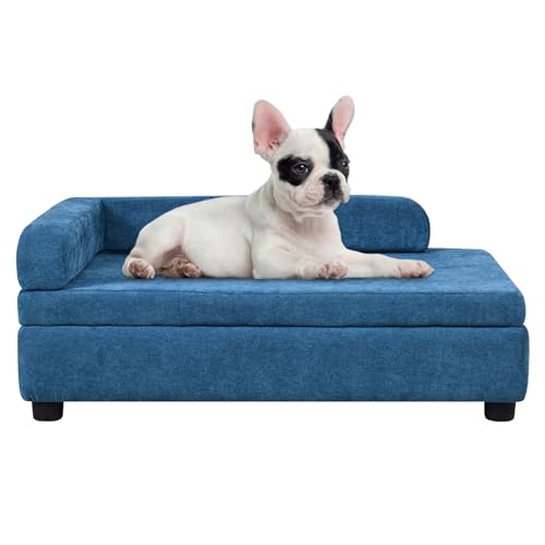 AFBKSS&BB Haustiersofa mit verstecktem Stauraum für Welpen und Katzen, Leinen-Stoff, Hundesofa, Katzen-Couch mit Holzrahmen, Blau von AFBKSS&BB