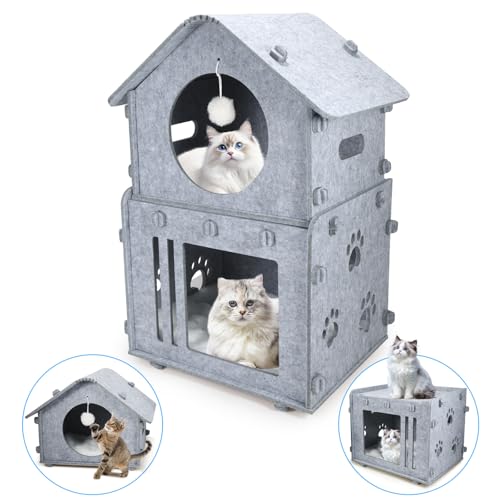 2-stöckiges, abnehmbares Katzenhaus für den Innenbereich, überdachte Betten und Möbel mit waschbaren Polsterungen, niedliches, modernes Haus für mehrere kleine Haustiere, große Kätzchen, Grau von AFLIFLI