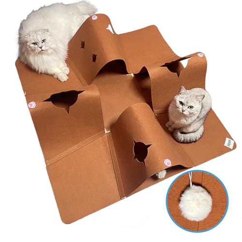 Filz-Katzenspielzeug, zusammenklappbare Katzentunnel mit Plüschball für Indoor-Katzen für Kleintiere, Haustiere, Kätzchen, Frettchen, Kaninchen, Welpen und Hunde, Braun von AFLIFLI