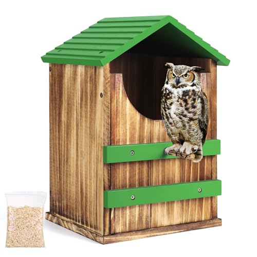 Eulenhaus, Holz-Kreischeule, Vogelhaus mit Spänen, Eulenkästen für draußen, Eulen-Nistkasten mit Sitzstange und Montageset für Wildtier-Lebensraum-Liebhaber, Grün, 34,3 x 19,1 x 22,1 cm von AFOROEOA