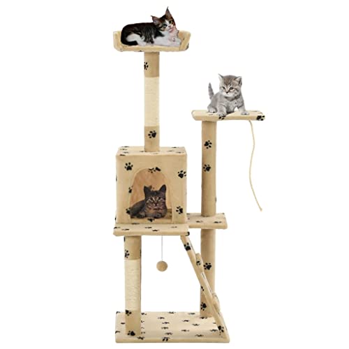 Tiere, Katzenbaum mit Sisal-Kratzstämmen, 120 cm, beige Pfotenabdrücke, Haustierbedarf, Katzenzubehör, Katzenmöbel von AGGEY