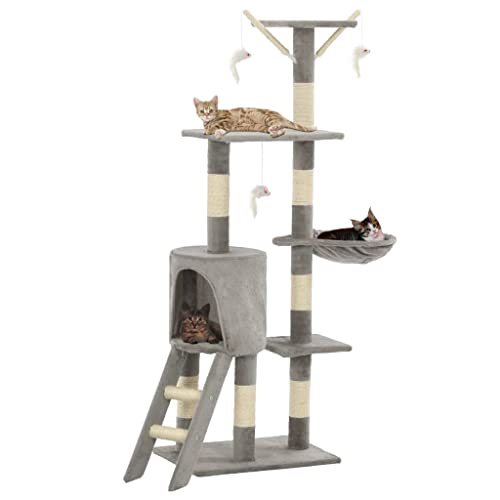 Tiere, Katzenbaum mit Sisal-Kratzstämmen, 138 cm, Grau, Haustierbedarf, Katzenzubehör, Katzenmöbel von AGGEY